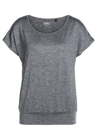 Top de mujer de manga corta en gris jaspeado, con cuello redondo y cinturilla ajustada, etiquetado "Venice Beach" talla pequeña.