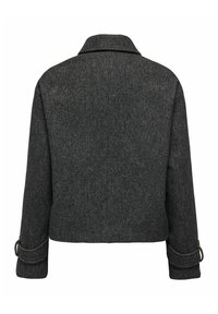 Šedá tvídová sako s kratším střihem, klopovým límcem a ohrnutými manžetami. Obsahuje jemnou herringbonovou texturu a kovové akcenty.