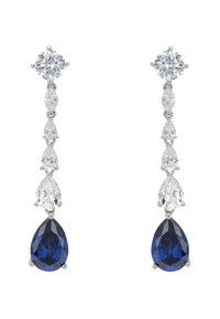 Pendientes de plata con un gran gemstone azul en forma de lágrima en la parte inferior, acompañados de piedras más pequeñas, claras y en forma de pera, en la parte superior.