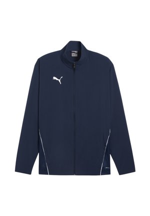 Marineblaue Zip-Jacke aus glattem Stoff mit einem weißen Logo auf der Brust, kontrastierenden weißen Seitenstreifen und einem Stehkragen.