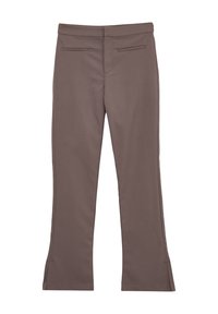 Braune, figurbetonte Hose mit glatter Textur, die am Saum einen Schlitz, zwei Gesäßtaschen und ein maßgeschneidertes Design aufweist.
