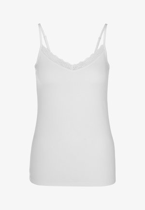 Camisole blanche avec bretelles réglables, dotée d'un décolleté en V orné d'une délicate bordure en dentelle. Tissu lisse avec une silhouette cintrée.