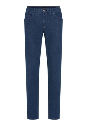 Donkerblauwe denim jeans met een slim fit, voorzien van vijf zakken, een ritsgulp en een enkele metalen knoopsluiting. Gladde textuur en uniforme kleur.
