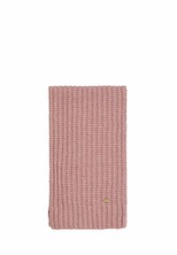 Rozā adīta šalle ar ribotu tekstūru un salocītu malu. Satur nelielu zelta tonis akcenta logo netālu no apakšas.