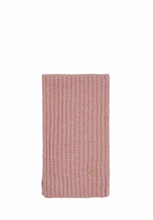 Rosa gestrickter Schal mit gerippter Textur und umgeschlagenem Saum. Mit einem kleinen Akzentlogo in Goldfarbe nahe dem unteren Ende.