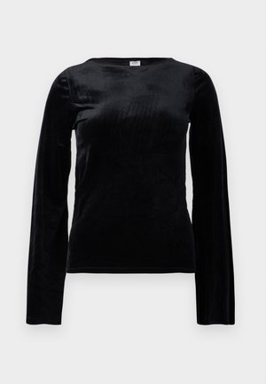 Top preto de manga comprida feito de tecido macio e liso, com decote redondo e silhueta ajustada. Sem ferragens ou padrões visíveis.