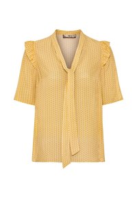 Blusa gialla con maniche corte, dettagli arricciati e scollatura con fiocco; presenta un motivo geometrico ripetuto e una texture liscia.