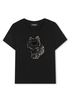 Black cotton t-shirt featuring a sequined cat graphic with sunglasses. Classic crew neck design. Brand name displayed below the graphic.
