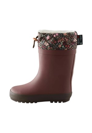 Kindergröße brauner Gummistiefel mit dunklem Blumenstoffbund und weißem Fleecefutter, mit Kordelzugverschluss.