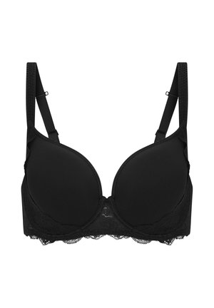 Zwarte gewatteerde beha met verstelbare bandjes en kanten rand langs de onderkant, ontworpen voor ondersteuning en stijl.