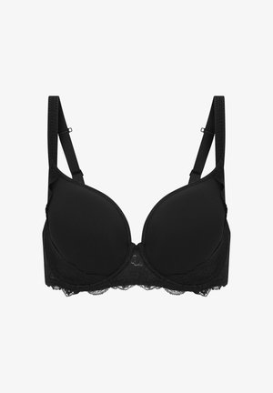 Reggiseno imbottito nero con spalline regolabili e rifinitura in pizzo lungo il bordo inferiore, progettato per supporto e stile.
