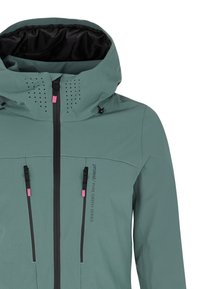 Grüne Outdoor-Jacke mit Kapuze, Reißverschlusstaschen und rosa Akzenten. Aus atmungsaktivem Material mit Perforationen am Kragen.