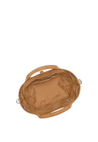 Tan fabric handbag with a rounded shape, featuring two handles and a smooth inner lining. Includes pockets and silver-tone hardware accents.