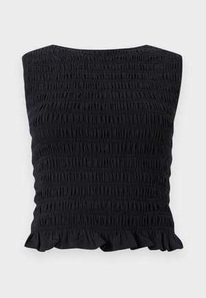 Μαύρο αμάνικο τοπ χωρίς τιράντες με ρυτιδωμένο στρίφωμα, υφασμένο με οριζόντιες ραφές που δημιουργούν πτυχώσεις σε όλο το ύφασμα.