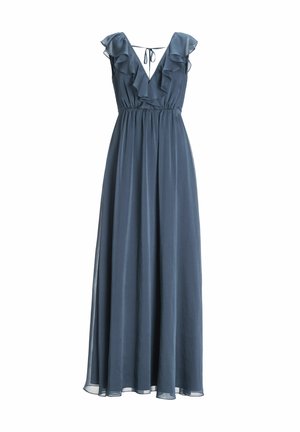 Robe maxi longue et fluide en chiffon bleu marine avec des manches capes volantes, un décolleté en V profond et une taille élastiquée pour un ajustement détendu.