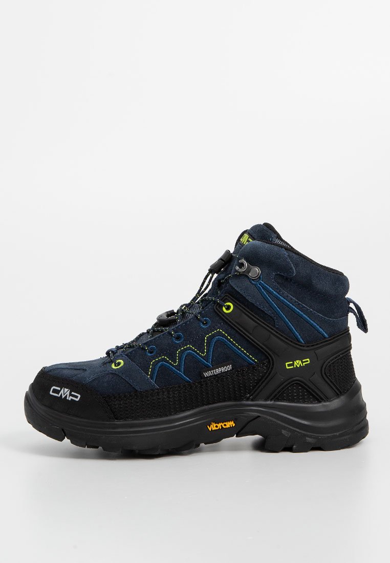 Wasserdichte Wanderstiefel in Marineblau mit schwarzem Mesh. Mit gelben Akzenten, sicherem Schnürsystem, gepolstertem Kragen und Vibram-Sohle.