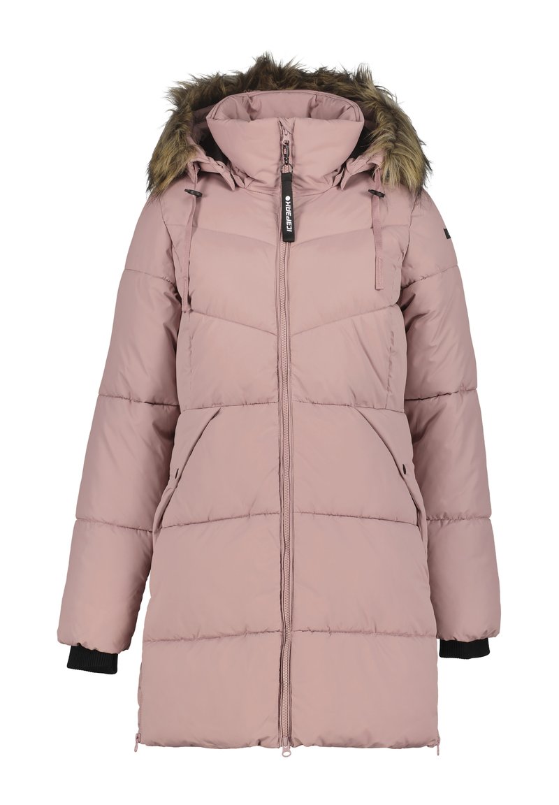 Lichtroze, gevoerde winterjas met een capuchon met bontafwerking, een ritssluiting aan de voorkant, zijzakken en geribbelde zwarte manchetten op de mouwen.