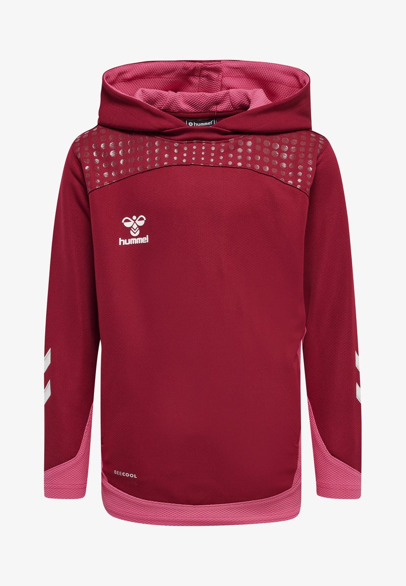 Felpa con cappuccio bordeaux con dettagli testurizzati rosa e logo bianco. Presenta un pannello superiore simile a rete e maniche lunghe.