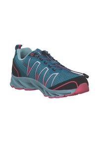 Athletic shoe with mesh upper in turquoise and black, pink accents, and flexible sole design. Features quick-lace system and pull tab.