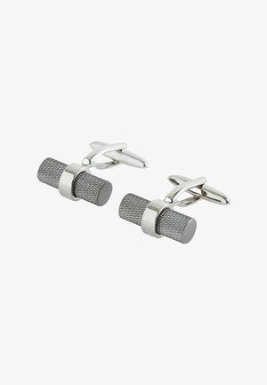 Gray textured cufflinks with a cylindrical shape, featuring metallic accents and a round smooth center. Classic design suitable for formal wear.