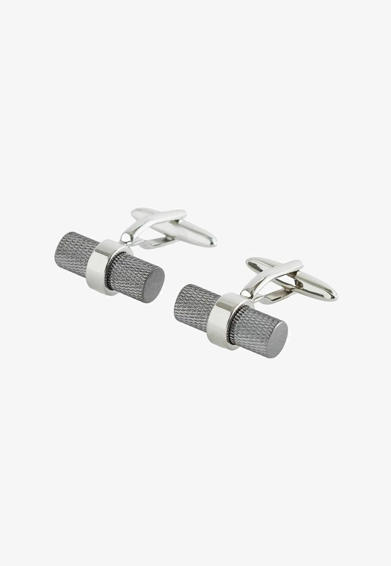 Gray textured cufflinks with a cylindrical shape, featuring metallic accents and a round smooth center. Classic design suitable for formal wear.