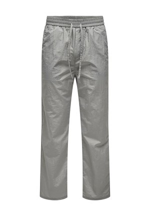 Pantalones jogger de color gris claro con cinturilla elástica, cordón ajustable y una textura lisa ligeramente arrugada.