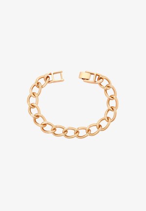 Guldtonet metal kædearmbånd med ovale led, prydet med teksturerede detaljer og en lukning med klip. Glat, poleret overflade.