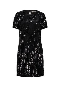 Czarna sukienka z krótkim rękawem, wykonana z cekinowego materiału w pionowe paski, z okrągłym dekoltem i zapięciem na plecach w kształcie łezki.