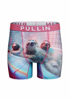 Boxers pour hommes avec un imprimé coloré de trois paresseux se relaxant dans une piscine carrelée, avec une ceinture rose étiquetée "PULLIN."