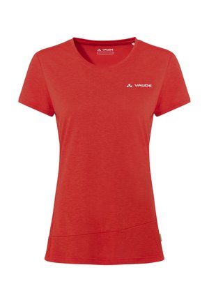 Red short-sleeve T-shirt with round neck, subtle diagonal seam near hem, and white Vaude logo on the chest and inside collar.