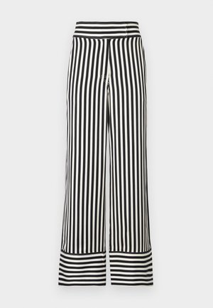 Wide-leg trousers in black and white vertical stripes, featuring a high waistband and contrasting striped hem. Smooth, lightweight fabric.