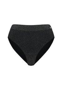 Schwarzer Bikiniunterteil mit glatter Textur und metallischem Schimmereffekt. Verfügt über ein hoch geschnittenes Design und einen kontrastierenden elastischen Taillenbund.