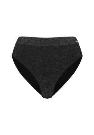 Schwarzer Bikiniunterteil mit glatter Textur und metallischem Schimmereffekt. Verfügt über ein hoch geschnittenes Design und einen kontrastierenden elastischen Taillenbund.