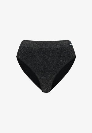 Czarne majtki bikini o gładkiej fakturze i metalicznym połysku. Posiadają wysoko skrojoną konstrukcję i kontrastującą elastyczną talię.