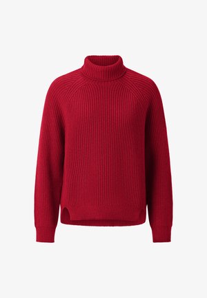 Roter Strickpullover mit hohem Kragen, gerippter Textur, überschnittenen Schultern und lässiger Passform. Mit seitlichen Schlitzen am Saum.