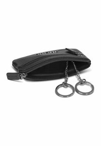Porta chiavi portafoglio nero con zip e finitura testurizzata. Presenta hardware argentato e doppi anelli per chiavi all'interno.