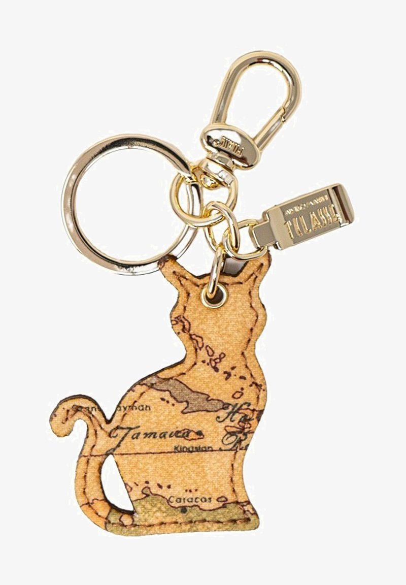 Portachiavi a forma di gatto realizzato in materiale testurizzato e decorato con un design mappale nei toni terrosi, attaccato a un anello e a una clip in metallo dorato.