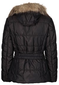 Chaqueta acolchada negra con cintura ajustable, capucha desmontable y borde de piel sintética. Presenta un diseño de textura acolchada y tela suave.