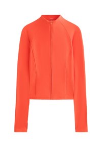 Ingekorte oranje jas met hoge kraag, rits aan de voorkant en lange mouwen. Beschikt over gebogen naden en ritszakken aan de zijkanten. Glad textuur.