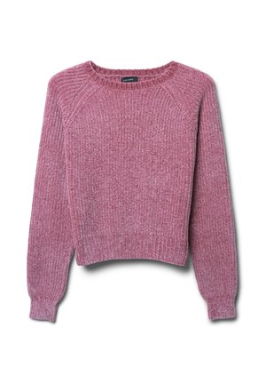 Rosa gestrickter Pullover mit geripptem Muster, runden Halsausschnitt und langen Ärmeln. Kurzer Schnitt mit diagonalen Nähten an den Schultern.