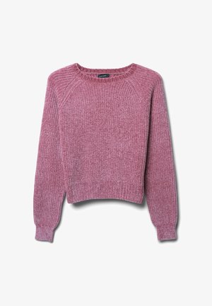 Maglione rosa lavorato a maglia con una texture a coste, scollo rotondo e maniche lunghe. Vestibilità cropped con cuciture diagonali sulle spalle.