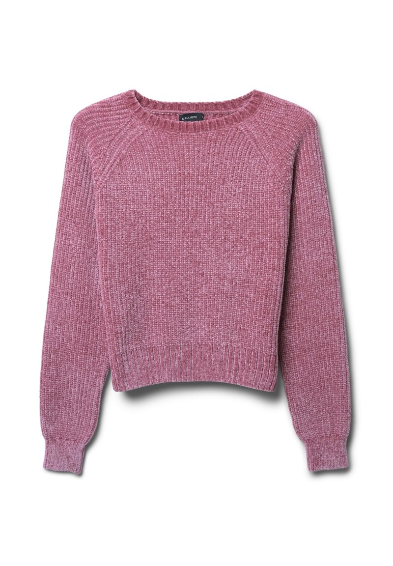 Maglione rosa lavorato a maglia con una texture a coste, scollo rotondo e maniche lunghe. Vestibilità cropped con cuciture diagonali sulle spalle.