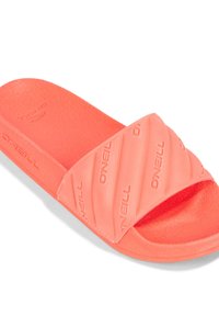 Ljus korallfärgad slidesandal med texturerad, ribbad rem med varumärket "O'Neill" präglat; mjuk gummisula.