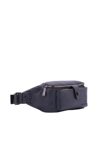 Marsupio in ecopelle blu navy con superficie testurizzata, chiusura con zip sicura e tasca frontale. Presenta una tracolla regolabile.