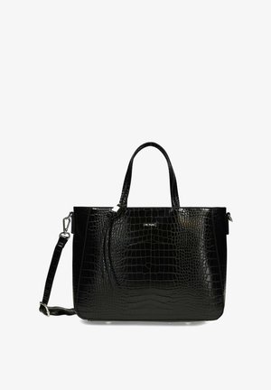 Borsa rettangolare nera con motivo coccodrillo, dotata di due manici, tracolla rimovibile e logo del marchio in argento sul davanti.