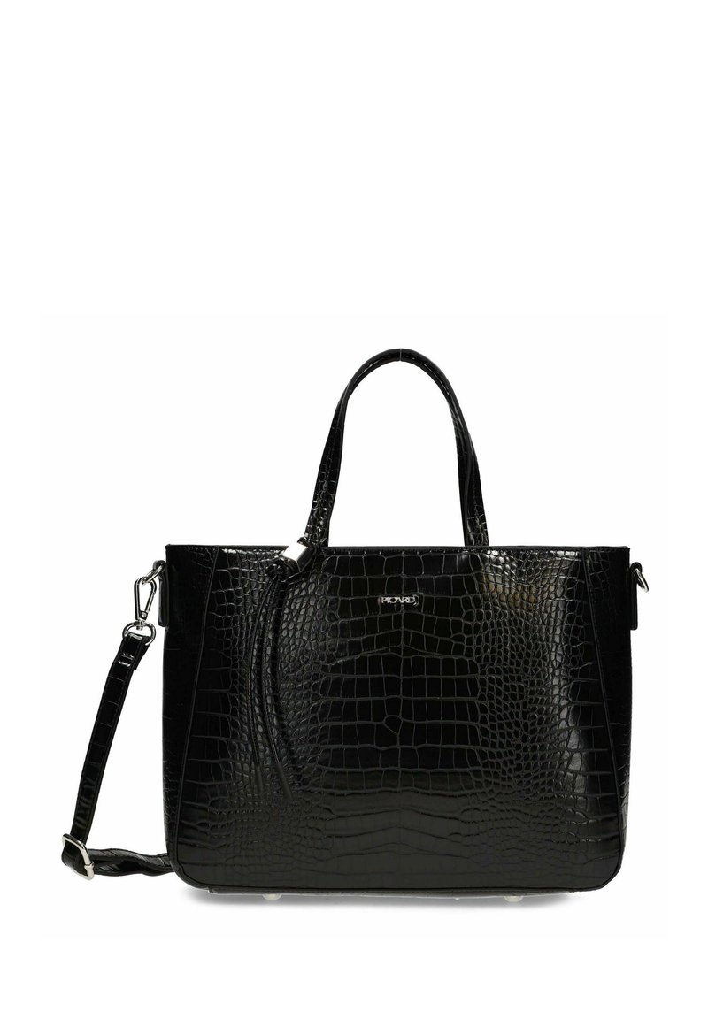 Bolso rectangular negro con estampado de cocodrilo, con dos asas, correa de hombro desmontable y logo de la marca en plateado en el frente.