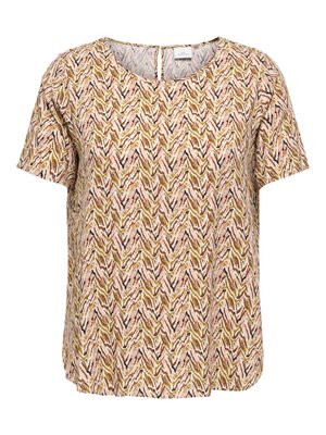 Kortærmet bluse med brunt, beige og lyserødt abstrakt zigzag-mønster, rund halsudskæring og knaplukning med nøglehul bagpå.