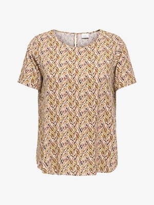 Korte mouwen blouse met bruin, beige en roze abstract zigzagpatroon, ronde halslijn en een bevestiging met keyhole-knop aan de achterkant.