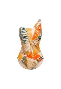 Een een-schouder badpak met een tropisch bladenpatroon in geel, oranje en groen. Heeft een metalen accent op de band. Zacht, rekbaar materiaal.