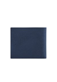 Portafoglio bifold blu navy con un esterno testurizzato, bordi lisci e un design minimalista senza hardware o accenti visibili.